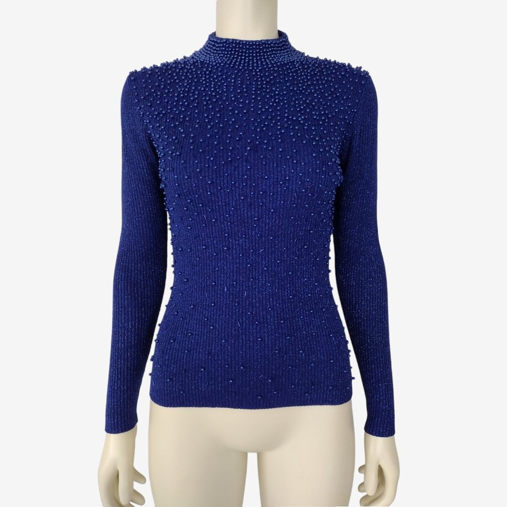 Vintage 1980s Blue Metallic Silk Beaded Stretch Knit Mock Neck Sweater